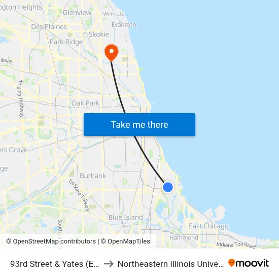 93rd Street & Yates (East) to Northeastern Illinois University map