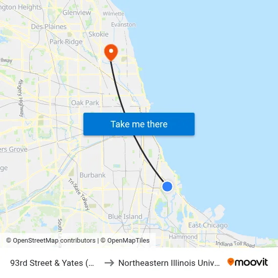 93rd Street & Yates (West) to Northeastern Illinois University map