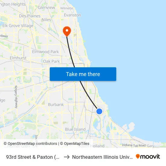 93rd Street & Paxton (West) to Northeastern Illinois University map