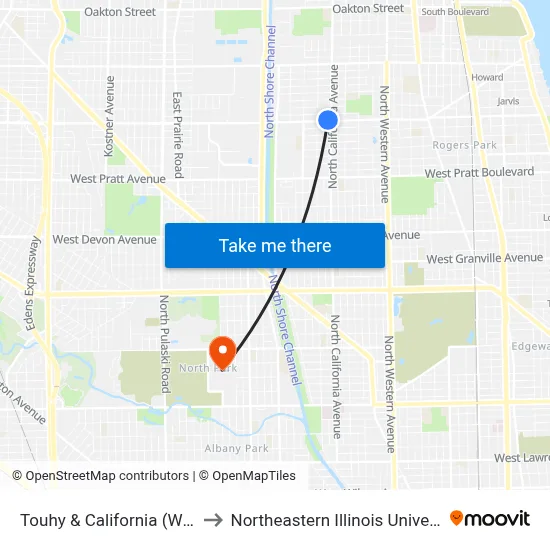 Touhy & California (West) to Northeastern Illinois University map