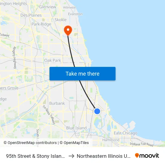 95th Street & Stony Island (West) to Northeastern Illinois University map