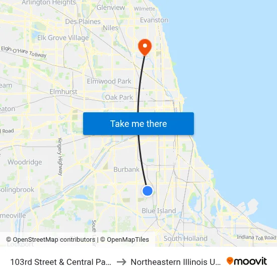 103rd Street & Central Park (West) to Northeastern Illinois University map