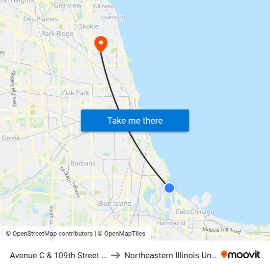 Avenue C & 109th Street (South) to Northeastern Illinois University map