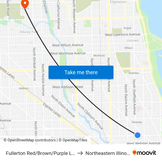 Fullerton Red/Brown/Purple Line Station (West) to Northeastern Illinois University map