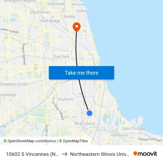 10602 S Vincennes (North) to Northeastern Illinois University map
