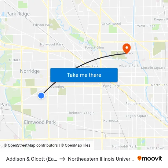 Addison & Olcott (East) to Northeastern Illinois University map
