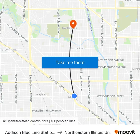 Addison Blue Line Station (East) to Northeastern Illinois University map