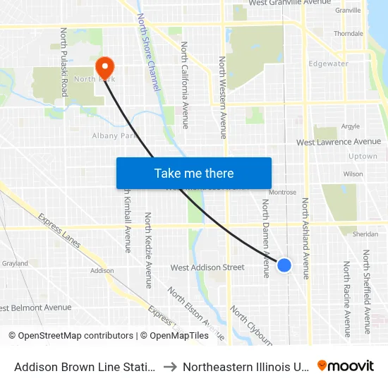 Addison Brown Line Station (East) to Northeastern Illinois University map