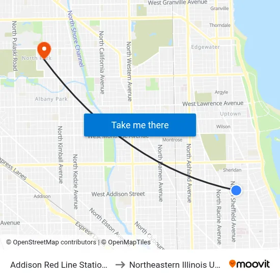 Addison Red Line Station (West) to Northeastern Illinois University map