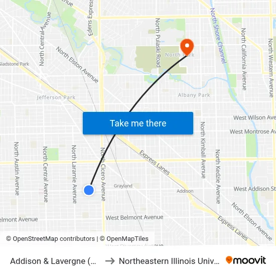 Addison & Lavergne (West) to Northeastern Illinois University map