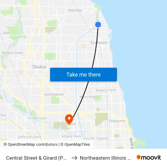 Central Street & Girard (Purple Line) to Northeastern Illinois University map