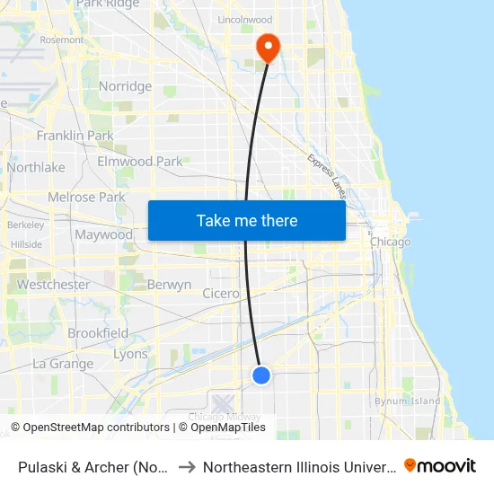 Pulaski & Archer (North) to Northeastern Illinois University map