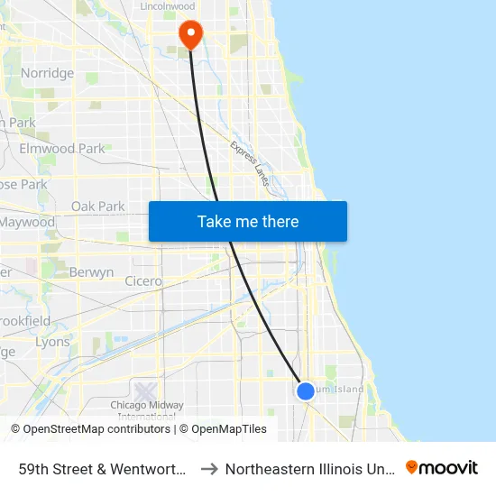59th Street & Wentworth (East) to Northeastern Illinois University map