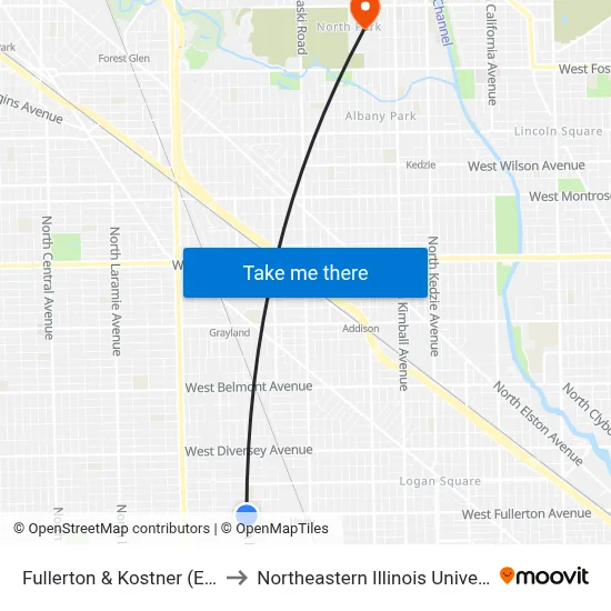 Fullerton & Kostner (East) to Northeastern Illinois University map