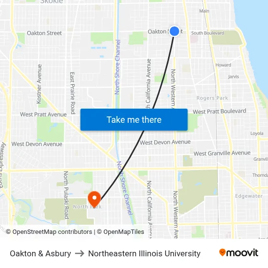 Oakton & Asbury to Northeastern Illinois University map