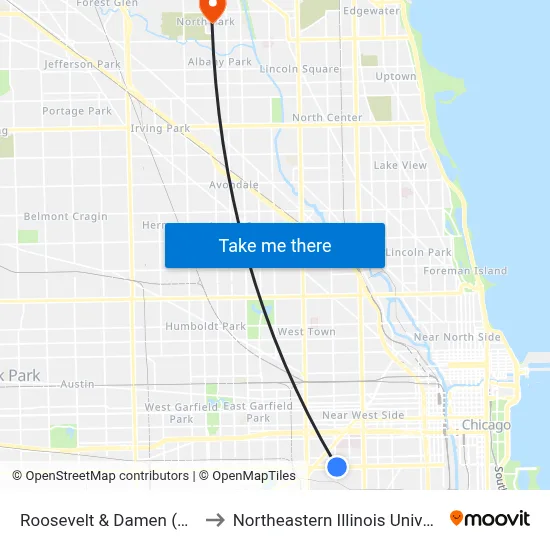 Roosevelt & Damen (East) to Northeastern Illinois University map