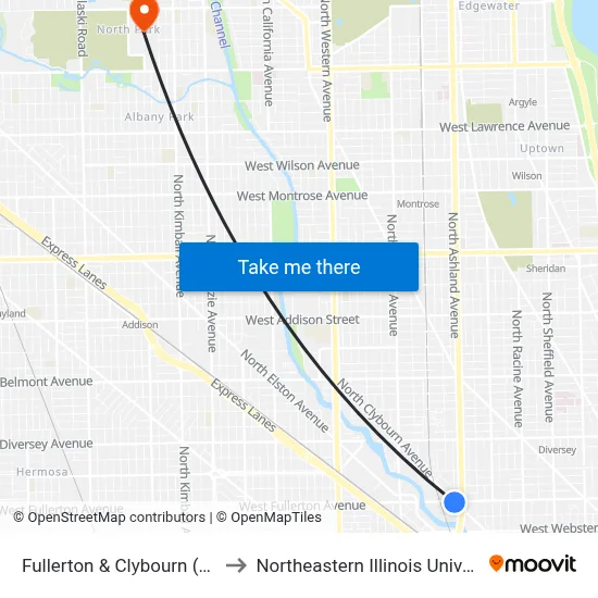 Fullerton & Clybourn (East) to Northeastern Illinois University map