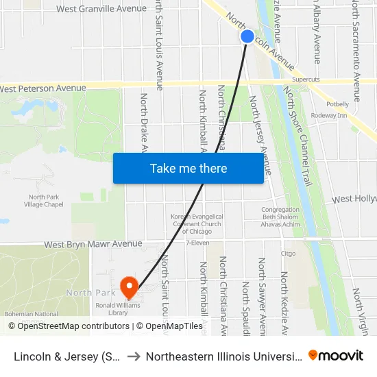 Lincoln & Jersey (Se) to Northeastern Illinois University map