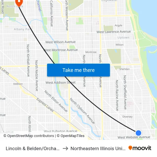 Lincoln & Belden/Orchard (Se) to Northeastern Illinois University map