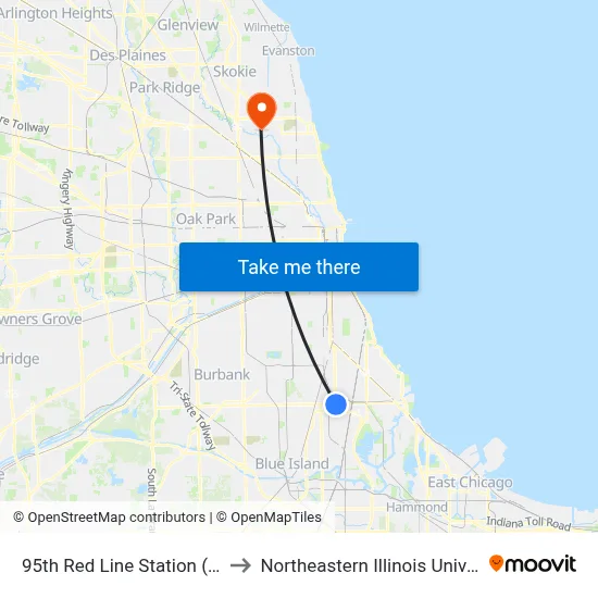 95th Red Line Station (East) to Northeastern Illinois University map