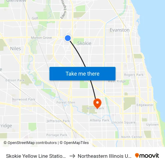 Skokie Yellow Line Station (South) to Northeastern Illinois University map