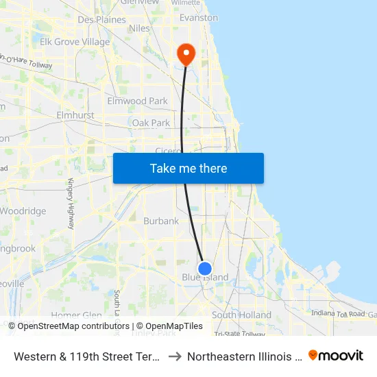 Western & 119th Street Terminal (West) to Northeastern Illinois University map