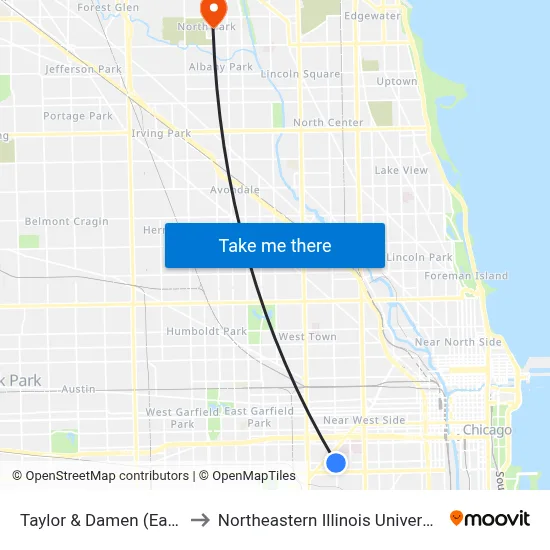 Taylor & Damen (East) to Northeastern Illinois University map