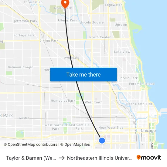 Taylor & Damen (West) to Northeastern Illinois University map