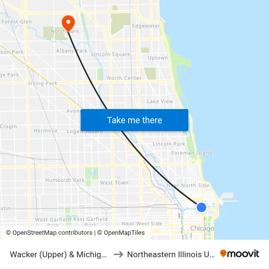 Wacker (Upper) & Michigan (West) to Northeastern Illinois University map