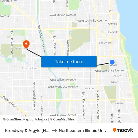 Broadway & Argyle (North) to Northeastern Illinois University map