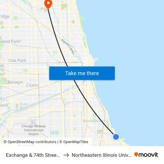 Exchange & 74th Street (Ne) to Northeastern Illinois University map