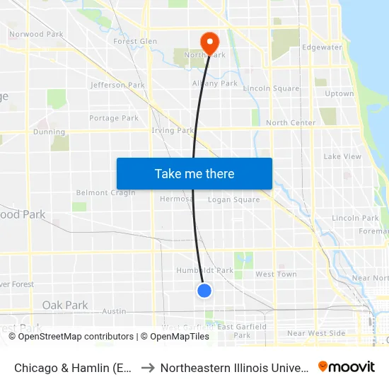 Chicago & Hamlin (East) to Northeastern Illinois University map
