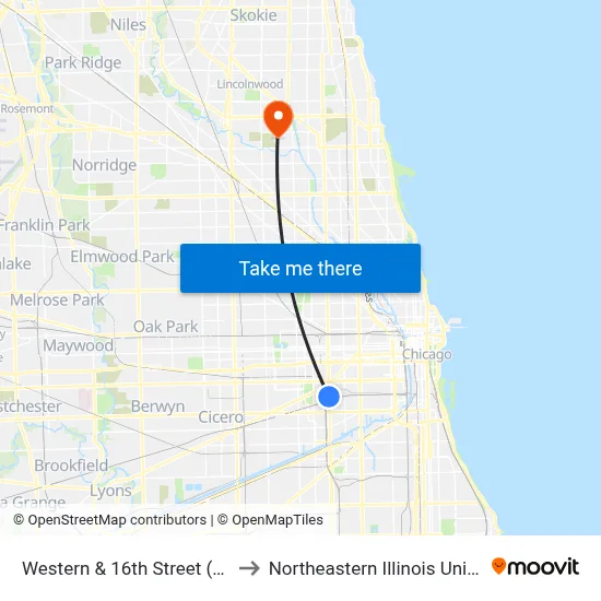 Western & 16th Street (South) to Northeastern Illinois University map