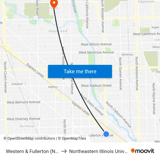 Western & Fullerton (North) to Northeastern Illinois University map