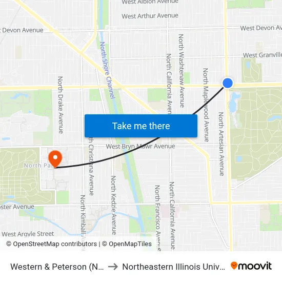 Western & Peterson (North) to Northeastern Illinois University map