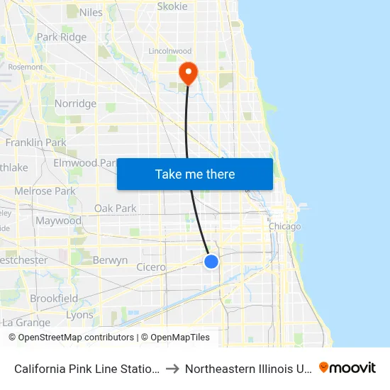 California Pink Line Station (North) to Northeastern Illinois University map