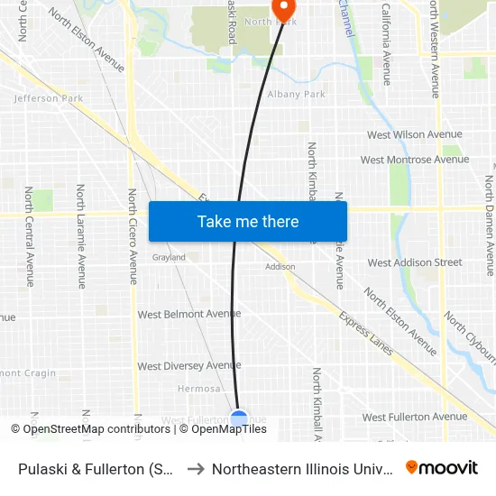Pulaski & Fullerton (South) to Northeastern Illinois University map