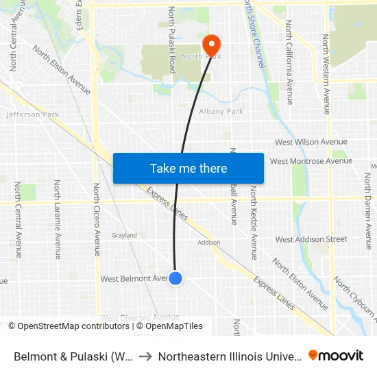 Belmont & Pulaski (West) to Northeastern Illinois University map