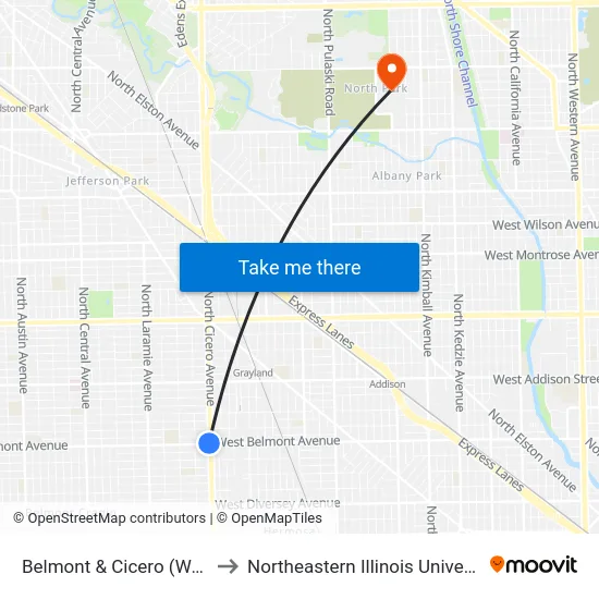 Belmont & Cicero (West) to Northeastern Illinois University map