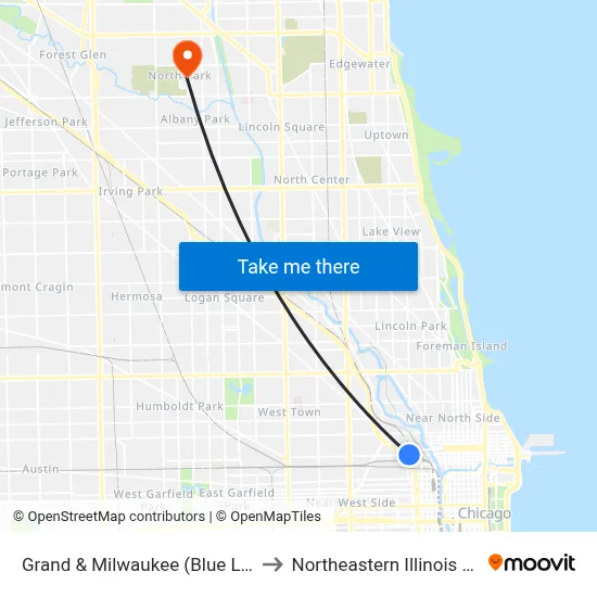 Grand & Milwaukee (Blue Line) (West) to Northeastern Illinois University map