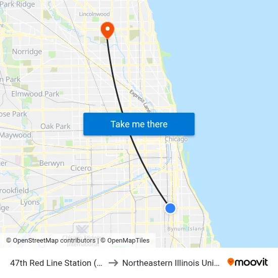 47th Red Line Station (West) to Northeastern Illinois University map