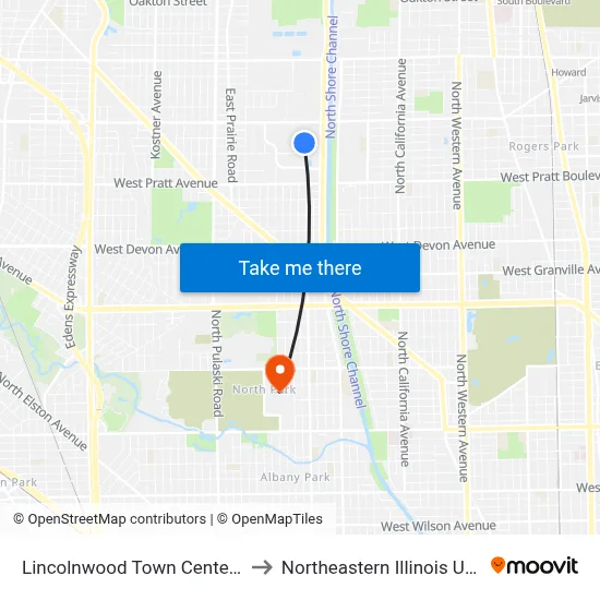Lincolnwood Town Center (North) to Northeastern Illinois University map