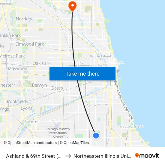 Ashland & 69th Street (North) to Northeastern Illinois University map