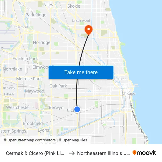 Cermak & Cicero (Pink Line) (West) to Northeastern Illinois University map