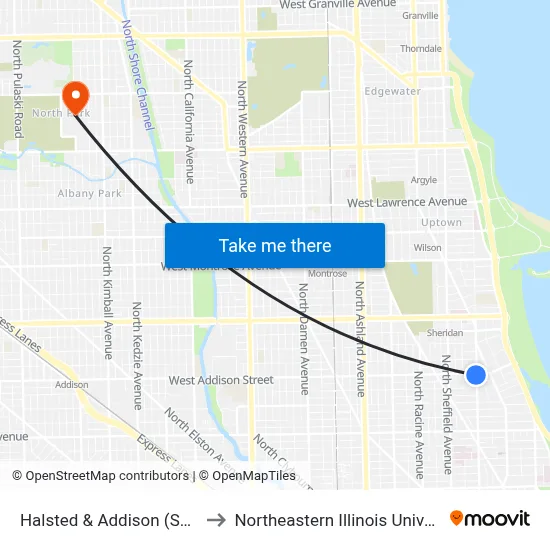 Halsted & Addison (South) to Northeastern Illinois University map