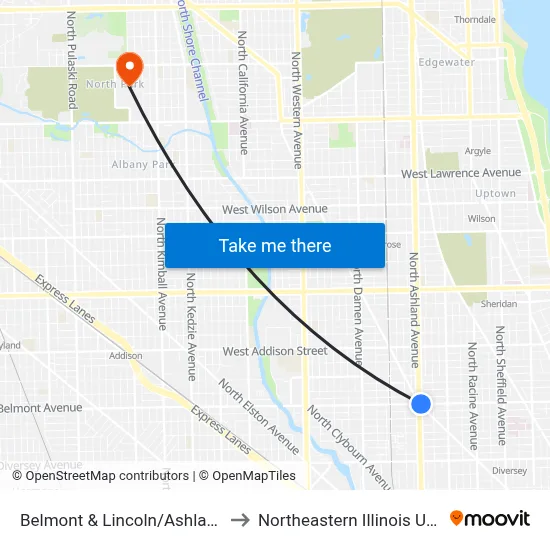 Belmont & Lincoln/Ashland (East) to Northeastern Illinois University map