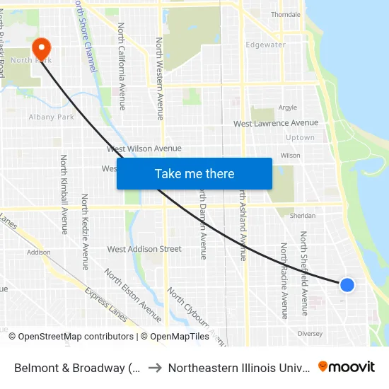 Belmont & Broadway (East) to Northeastern Illinois University map
