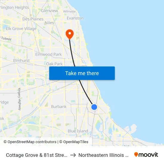 Cottage Grove & 81st Street (North) to Northeastern Illinois University map