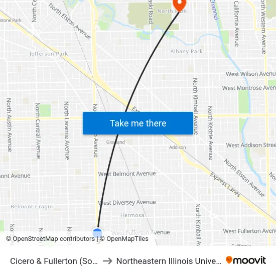 Cicero & Fullerton (South) to Northeastern Illinois University map