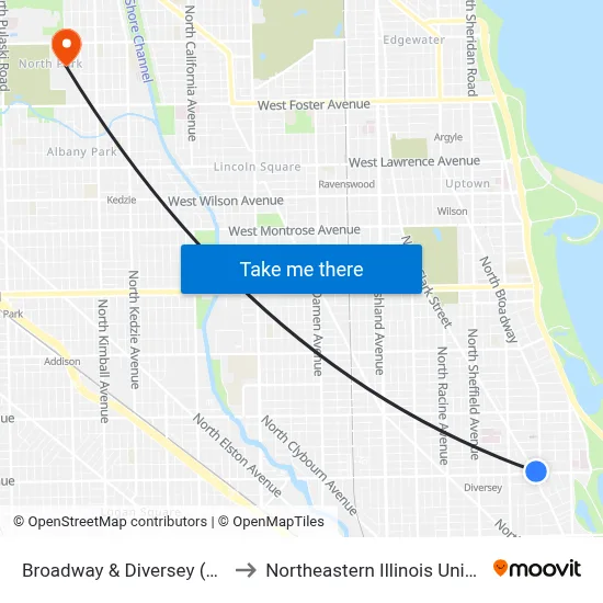 Broadway & Diversey (North) to Northeastern Illinois University map